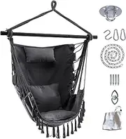 Hammock Swing Chair, Hanging Swing Seat W/Sturdy Steel Bar, Comfortable Headrest Pillow &2 Cushions, Installation Kit, Pocket Macrame Hammock for Living Room, Bedroom, Balcony, Max 180KG (Grey)