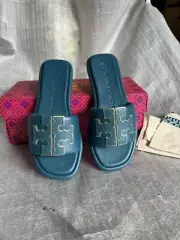 Tory Burch Women’s Double T Sport Slide SIZE US 5M Color Brisk Blue/ Gold