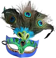 Vaveren Masquerade Feather Mask Peacock Feather Mask Face Shield Decorative Half Face Mask Costume for Club Carnival Mardi Gras Stage Show Women Men, Blue, 20cmx25cm