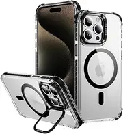 for iPhone 15 Case with Metal Camera Stand, Full Protection Shockproof Cover, High-Transparency Magnetic Case for iPhone 15 (Black)
