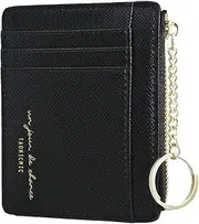 [Prometheism] Women Slim Leather Card Case Holder Small Wallet Cute Coin Purse Girl Mini Wallet with Keychain, Black, Small, Minimalist