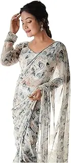[Sidhidata] Women's Georgette Printed Ready To Wear one Minute Saree With Unstitched Blouse Piece (Black Leaf_Free Size)