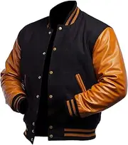 [KAAZEE] Mens Varsity Letterman Jacket, High School College Baseball Bomber Jacket Wool + Faux Leather Jacket Men Gold and Black, Small