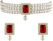 [Aheli] Gold Plated Indian Crystal Pearl Beaded Choker Necklace Jewelry Set for Women