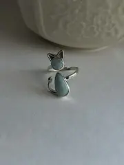 Cat-Shaped Larimar Ring 925 Sterling Silver Handmade Size 7