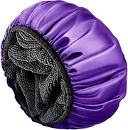 Aquior Shower Cap,Extra Large Triple Layer Bathing Cap with Dry Hair Function for Women Microfiber Terry Cloth Silky Satin 100% Waterproof Reusable Long Hair Bath Caps (Purple)