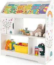 HONEY JOY Toy Storage Organiser Display Stand, 3-in-1 Kids Toy Shelf w/Book Shelf, Storage Cabinet, Storage Compartments, Kids Toy Storage Organizer Rack, for Playroom, living Room, Day care (White)