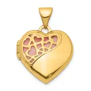 14k Yellow Gold 14K Hearts Cut Out 16mm w/Pink Fabric Heart Locket Pendant