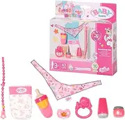BABY Born Starter Set 832851 - High-Quality Accesories for BABY Born Dolls for Toddlers - Includes Magic Eyes Dummy & Dummy Chain, Nappy, Ring Toy, Powder Bottle, Cream Tube, Bottle & Neckerchief
