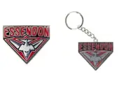 SET OF 2 ESSENDON BOMBERS AFL TEAM LOGO METAL PIN BADGE & MASCOT METAL KEY RING
