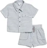 [Splendid] Kids Baby Boy Boardwalk Linen Short Sleeve Button Down Shirt and Shorts 2-Piece Set, Light Sage Stpe, 18-24 Months, Light Sage Stripe