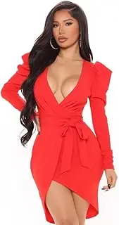 [Generic] Women's Wrap Deep V Neck Puff Long Sleeve Belted Sexy Club Bodycon Mini Dress