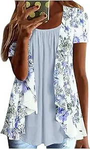 [Generic] Womens Tops Dressy Casual Pleated Crew Neck Puff Short Sleeve Shirt for Women Office Business Work Chiffon Blouses Summer Crewneck Blouse Loose Fit