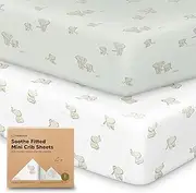 2-Pack Organic Mini Cot Sheets Fitted - Organic Cotton Pack N Play Sheets for Graco Pack and Play Mattress, Playard Baby Cot Sheets, Jersey Fitted Crib Sheets Neutral for Boys, Girls (Elly)