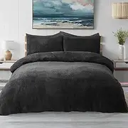 Luxor Teddy Fleece Soft Warm Quilt Doona Cover Set - Black (Queen)