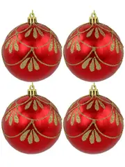 Metallic Red Christmas Baubles With Gold Glitter Ornate Design - 4 x 80mm