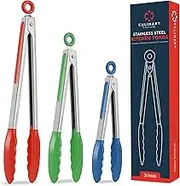 Silicone Kitchen Tongs Set of 3 Multicolor Heat Resistant With Tips for Serving Food, Cooking, Salad (7", 9" and 12") Locking Kitchen Utensils