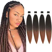 Pre-stretched Braiding Hair 4 Packs- 24 Inch Ombre Brown Braiding Yaki Straight Prestretched EZ Braids Hot Water Setting Ombre Aurburn Professional Soft Synthetic Hair Extensions