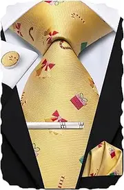 [Hi-Tie] Christmas Tie Set Silk Red Blue Green XMS Necktie and Clip Pin Pocket Square Cufflinks Set