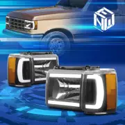 For 87-91 Ford F150-350 LED DRL Black/Amber Headlight w/Corner Lamps Replacement