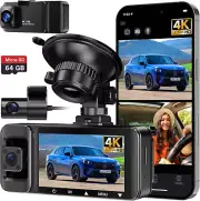 4K Dash Cam Front and Rear Inside, 3 Channel Dash Camera for Cars, APP Control,