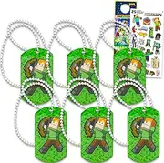 Minecraft Birthday Party Favor Necklaces for Kids - Bundle with 6 Video Game Dog Tags for Boys Plus Stickers, More | Minecraft Birthday Party Supplies Goodie Bag Fillers