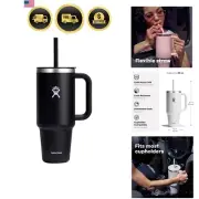 Travel Tumbler Insulated Stainless Steel 40 Oz Black with Handle Lid Straw