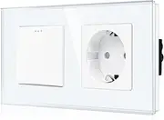 CNBINGO Schuko Socket and Light Switch Single 1 Way Glass Light Switch, Modern Crystal Glass Wall Plate with Luminous Dots, White