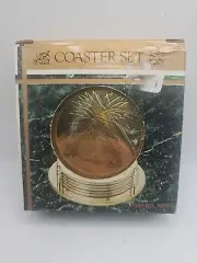Vintage Gold Tone Pineapple coasters 3 5/8” Diameter Set Of 6 With holder