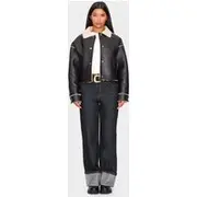 Black Textured Faux Leather Borg Trim Cropped Coat, Black