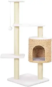 Cat Scratching Post with 1 House, All-Season Cat Tree with Viewing Platforms, Cat Tower with Sisal Scratching Posts for Indoor Large Cats, Kittens, 40 x 40 x 107 cm, Seagrass