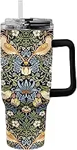 RainCaper 18/8 Stainless Steel Insulated Water Tumbler with Straw | 30oz, BPA-Free, Double Wall for Hot & Cold | Travel-Friendly, Cup Holder Ready (William Morris Morris Strawberry Thief)