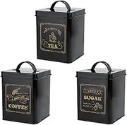Perfk 3Pcs Kitchen Counter Canister Set Tea Sugar Coffee Container Multifunction Square Case Rustic Decors for Livingroom Restaurant Kitchens Office, Black