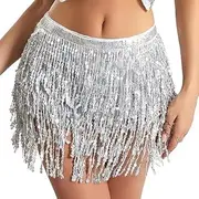 [FengSVMA] Belly Dance Hip Scarf Sequin Tassel Skirt Dance Wrap Skirts Sparkly Fringe Rave Outfits for Women White