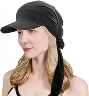 [AIDIER] Chemo Cap with Brim Head Scarf for Women Sun Protection Baseball Cap Pre Tied Headscarf for Hair Loss Elastic Chemo Turban Bandana for Cancer Women Newsboy Cap Black, Black, One Size