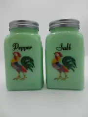 Jadeite Arch Salt Pepper Set Colorful Roosters Mid Century Retro Green Glass