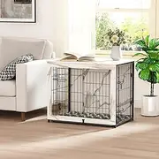 Megidok Wooden Dog Crate Furniture with Cushion, Dog Crate End Table with Tray, Double Doors Dog Crate Furniture Style, Decorative Dog Kennels Indoor for Small to Medium Dog-Marble White, 32*22*26.5