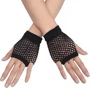 [UPSTORE] 1 Pair Fingerless Fishnet Gloves Women 80s Short Stretch Fish Net Fingerless Gloves for Halloween Cosplay Costume Accessories (Black)
