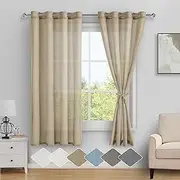 DWCN Sheer Linen Curtains Camel with Tiebacks, Eyelet Semi Blended Sheer Curtains Privacy Vertical Window Curtains & Drapes with Light Through for Bedroom Living Room, Each W132cm x D160cm, Set of 2