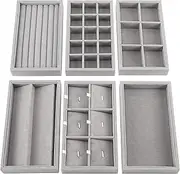 BELLE VOUS Pack of 6 Stackable Jewellery Organiser Made of Grey Velvet - Jewellery Insert for Drawers in 6 Different Designs - Total 36 Compartments for Rings, Bracelets, Earrings & Necklaces Storage