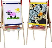 Kids Wooden Easel with Paper Roll,Adjustable Double Sided Wooden Kids Easel Drawing Board with Magnetic Chalkboard,Paint Art Set for Kids Toddlers 2-4 4-8 9-12