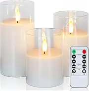 [AMAGIC] Clear Glass Flameless Candles Battery Operated with Timer, Remote Control, LED Pillar Candles, Battery Powered, Pure White Wax, Set of 3