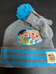 Cocomelon-Knit Beanie Hat & Mitten Set Blue & Gray-Size Toddler - "New" (B20)