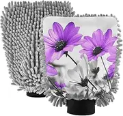 XYMZR Purple Florals White Art Absorbent Microfiber Car Wash Mitt, Funny Cute Anime Scratch Free for Cars Cleaning, Home Cleaning Mitts, 2 Pack, 10.24” L x 7.09” W