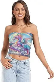 [RPLIFE] Rainbow Dragon Cropped Tube Top, Strapless Summer Top, Sheer Tube Tops, Trendy Crop Tops (S)