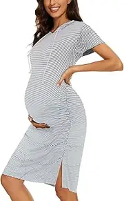 [WOOXIO] Women's Maternity Hoodie Dress Short Sleeve Split Side Ruched Pregnancy Clothes