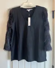 Chicos Size M Black Fringe Sleeve Ponte Top NWT