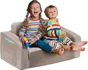 Deppon Kids Couch, Extra Wide 2-in-1 Toddler Sofa Convertible Fold Out to Lounger Bed for Girls and Boys, Apricot