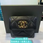 KB二手-CHANEL 香奈兒 19BAG黑色小羊皮三折短夾 皮夾 錢包 AP1064