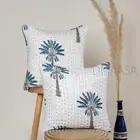 Grey & Blue Palm Tree Block Print Cotton Indian Sofa Pillow Case Cushion Cover